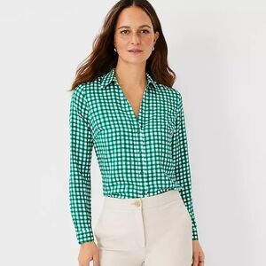 Ann Taylor Plaid Essential Shirt - S - Bright Kelly Green